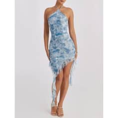 Elegant blue tie-dye halter dress with ruffled asymmetrical hem, perfect for casual and beach outings, available at Monalisa Medical Store.