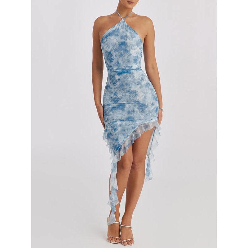 Elegant blue tie-dye halter dress with ruffled asymmetrical hem, perfect for casual and beach outings, available at Monalisa Medical Store.