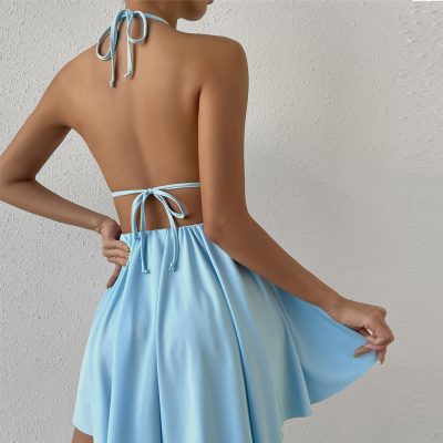 Stylish light blue summer dress with adjustable straps, perfect for beach or casual wear, available at Monalisa Store.