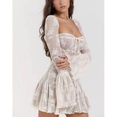 Luxurious white lace dress with sheer long sleeves, floral embroidery, and a flattering fit for stylish occasions. Perfect for women seeking trendy, sophisticated fashion from Monalisa Store.