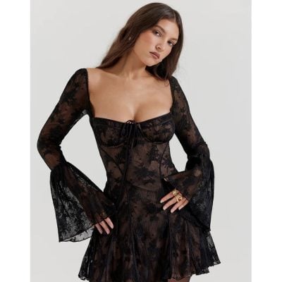 Lingerie-inspired black lace dress with long bell sleeves, deep neckline, and fitted silhouette. Perfect for stylish occasions, emphasizing sophistication and sensual fashion.