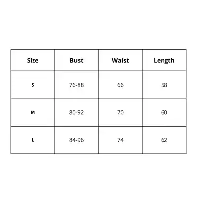 Optical clothing size chart with bust, waist, and length details for small, medium, and large sizes at Monalisa Store, ideal for fitting glasses and enhancing your eyewear style.