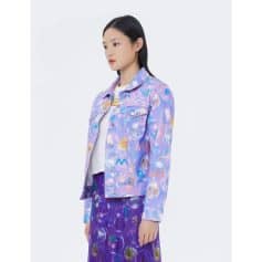 Colorful printed denim jacket with abstract bubble designs, perfect for a trendy and modern look. Features button closures, classic collar, and versatile style for casual or chic outfits.