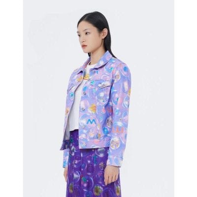 Colorful printed denim jacket with abstract bubble designs, perfect for a trendy and modern look. Features button closures, classic collar, and versatile style for casual or chic outfits.