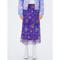 Colorful bubble print maxi skirt with a sheer purple overlay, perfect for trendy and stylish fashion statements.