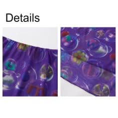 Vibrant bubble-patterned shorts featuring a playful design with colorful bubbles on purple fabric, perfect for casual or summer wear.