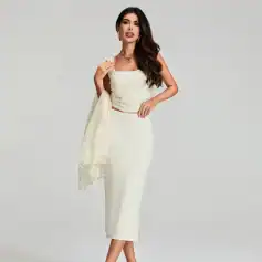 Stylish white midi dress with a fitted silhouette, perfect for formal events or special occasions, from Monalisa Store.