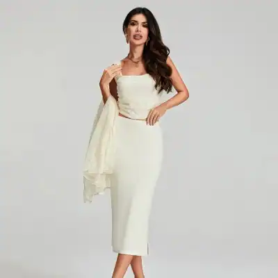 Stylish white midi dress with a fitted silhouette, perfect for formal events or special occasions, from Monalisa Store.