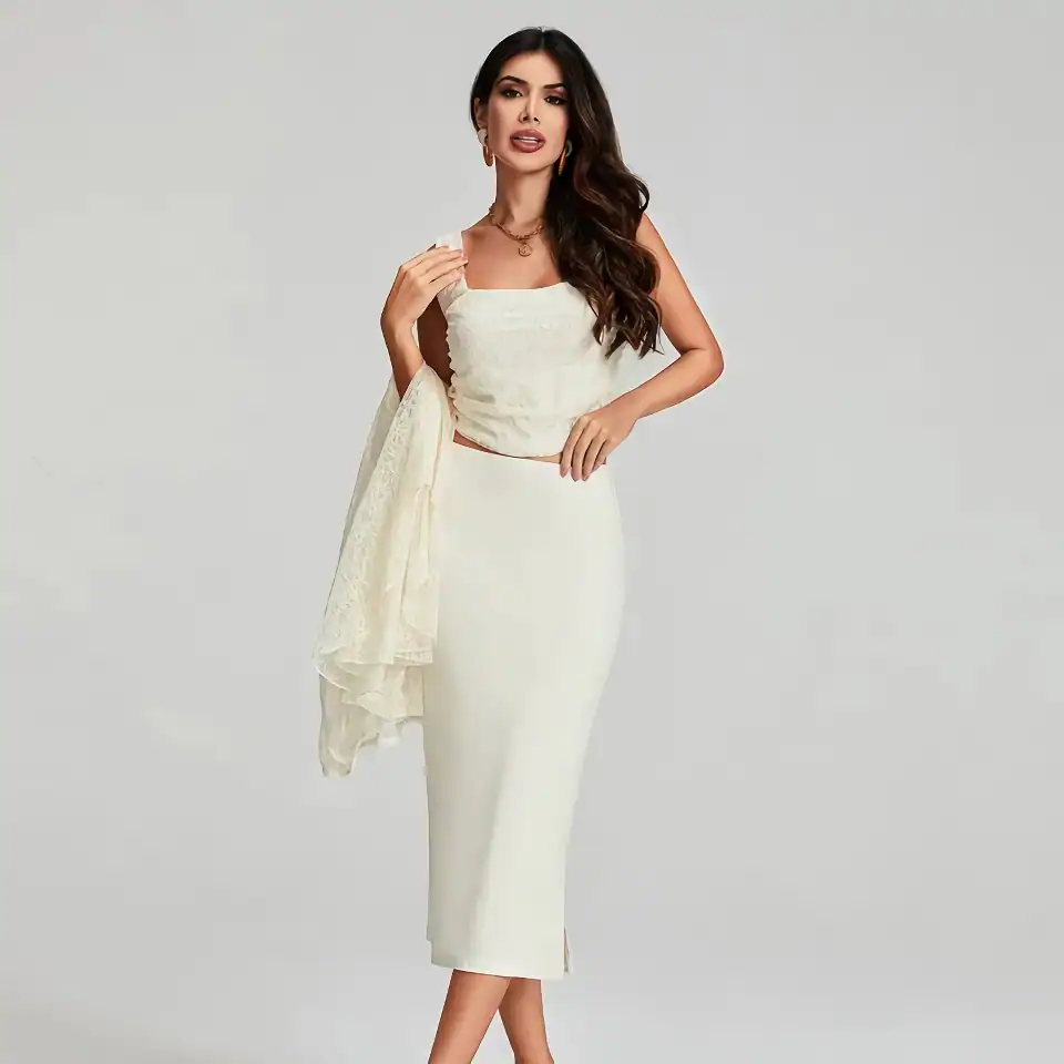 Stylish white midi dress with a fitted silhouette, perfect for formal events or special occasions, from Monalisa Store.