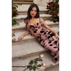 Women’s floral maxi dress with ruffle details and spaghetti straps, perfect for summer or special occasions. Shop stylish, comfortable clothing at Monalisa Medical Store.