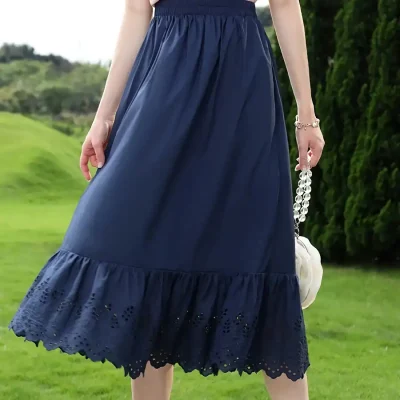 Navy midi skirt with eyelet lace hem, women's fashionable casual skirt, stylish summer or spring wear, versatile and comfortable, available at Monalisa Store.