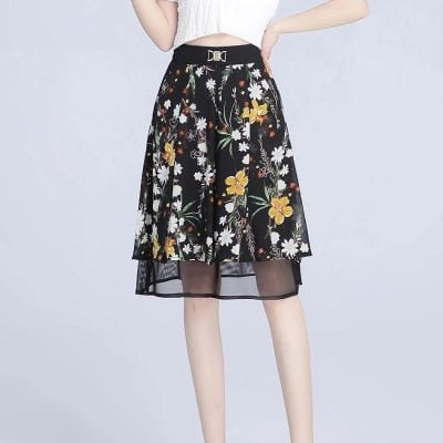 Stylish women's floral midi skirt with black background and layered sheer hem, perfect for fashion-forward looks and comfortable wear.