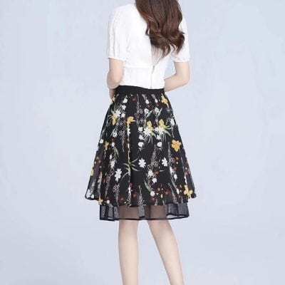 Bright floral design on a black background, ideal for enhancing your wardrobe with trendy, versatile fashion pieces.