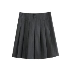 Elegant women's pleated skirt featuring a classic pinstripe pattern and button embellishments at the waistband, perfect for professional or casual wear.