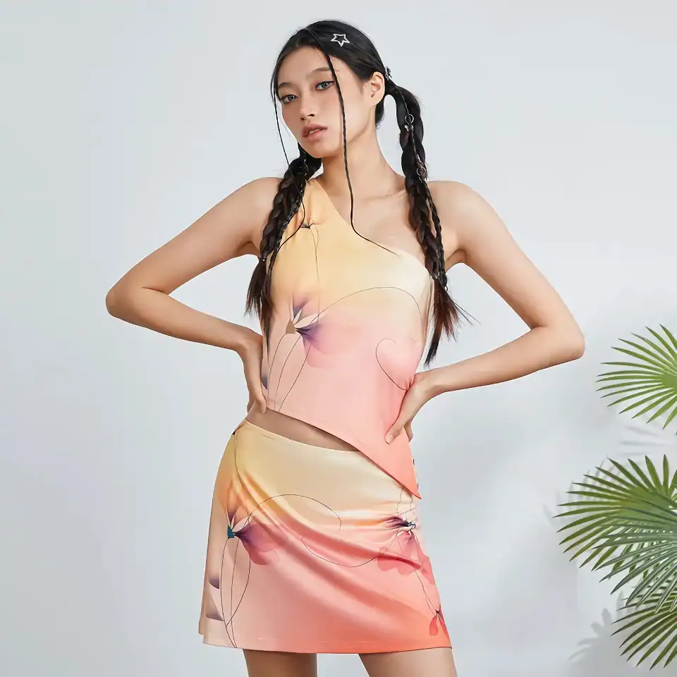 Stylish women's dress with colorful abstract pattern, perfect for summer or casual wear, available at Monalisa Store.