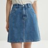 Comfortable high-waisted blue denim skirt for women, perfect for casual and stylish everyday wear. Features classic pockets and trendy A-line design.