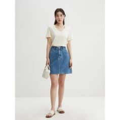 Casual denim skirt outfit, simple white t-shirt, and sandals, perfect for a trendy, comfortable summer look from Monalisa Store.