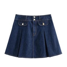 Stylish dark blue denim pleated skirt with front buttons and pocket details, perfect for casual and trendy fashion looks.