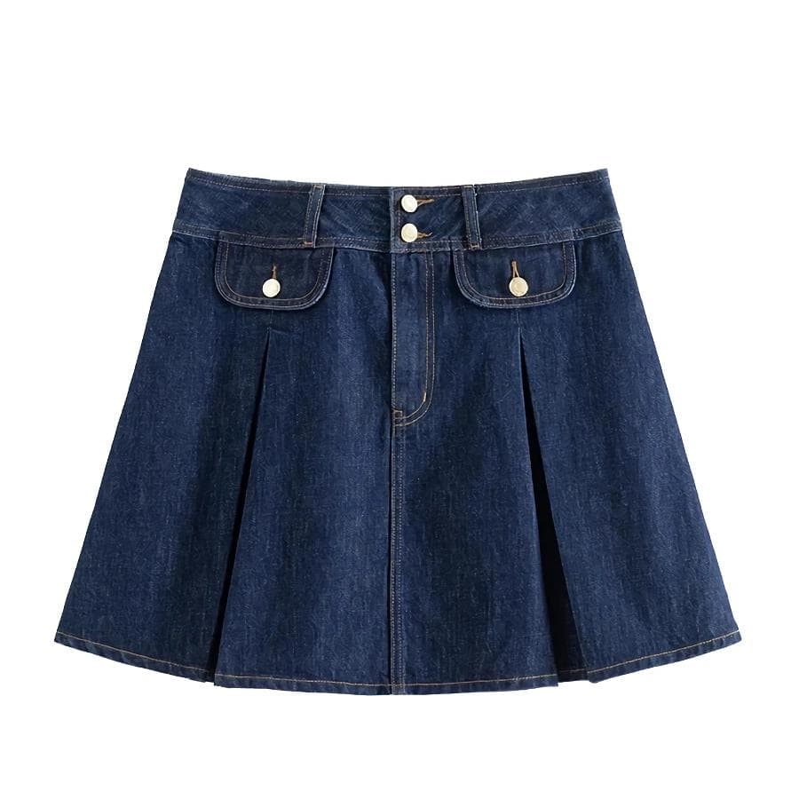 Stylish dark blue denim pleated skirt with front buttons and pocket details, perfect for casual and trendy fashion looks.