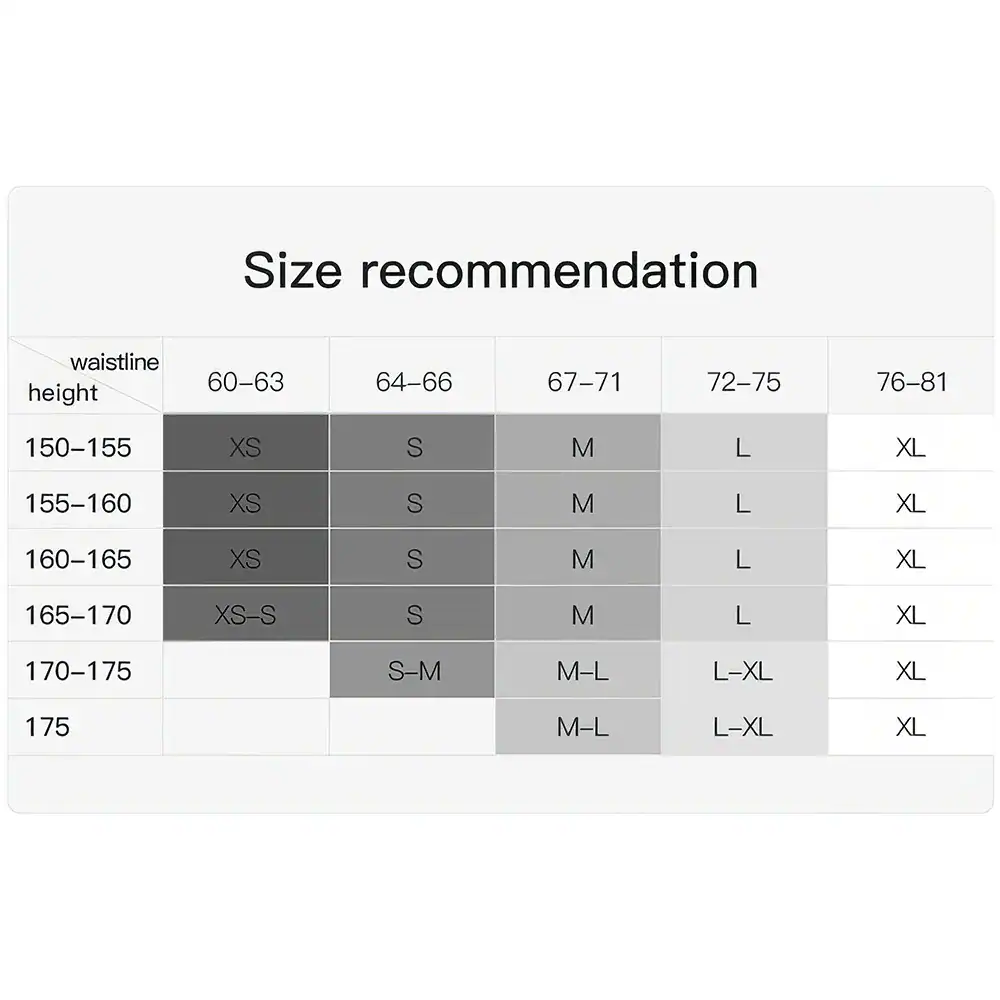 Optical garment size chart to ensure accurate fit and comfort.
