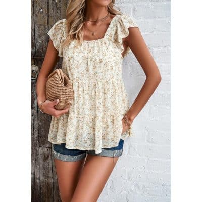 Stylish floral print women's top with ruffled sleeves and relaxed fit, perfect for casual summer wear or outdoor activities.