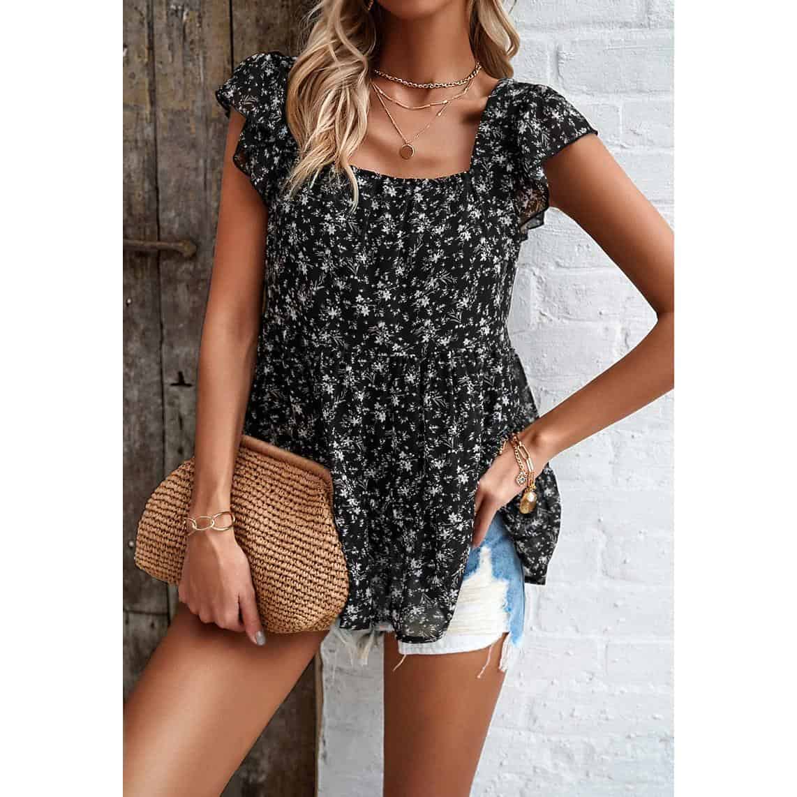 Stylish black floral short-sleeve blouse for women, perfect for casual wear or outings, featuring a feminine ruffle sleeve design and comfortable fit.