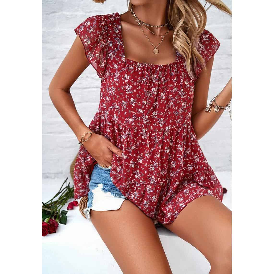 Detailed alt text: Stylish red floral top with ruffled sleeves and comfortable fit, perfect for casual outings and summer wear, available at Monalisa Store for modern women's fashion.