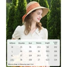 Stylish wide-brim sun hat for women, ideal for sun protection and fashion, available in multiple sizes with detailed measurements for a perfect fit.