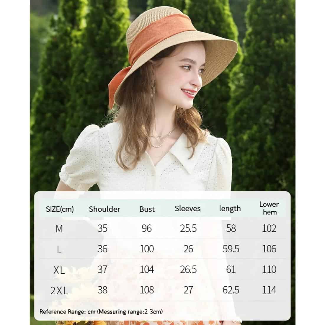 Stylish wide-brim sun hat for women, ideal for sun protection and fashion, available in multiple sizes with detailed measurements for a perfect fit.