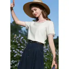Women’s stylish summer fashion look with blouse, wide-brim hat, and denim skirt, perfect for outdoor sunny day wear. Shop trendy women's clothing at Monalisa Store.