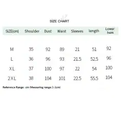 Women’s size chart with measurements for shoulder, bust, waist, sleeves, length, and lower hem for M, L, XL, and 2XL sizes, ideal for choosing perfect fit clothing.