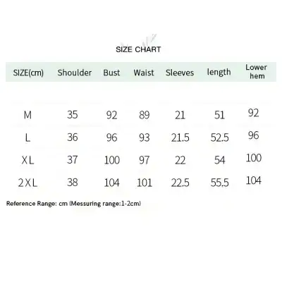 Women’s size chart with measurements for shoulder, bust, waist, sleeves, length, and lower hem for M, L, XL, and 2XL sizes, ideal for choosing perfect fit clothing.