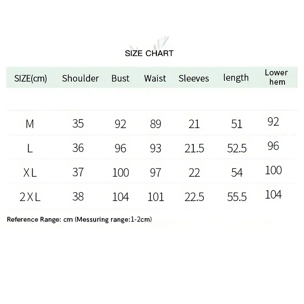 Women’s size chart with measurements for shoulder, bust, waist, sleeves, length, and lower hem for M, L, XL, and 2XL sizes, ideal for choosing perfect fit clothing.