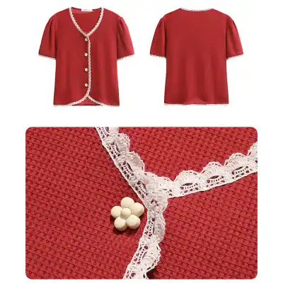 A stylish red blouse featuring intricate embroidery and white lace trim, perfect for formal occasions or office wear, available at Monalisa Store.