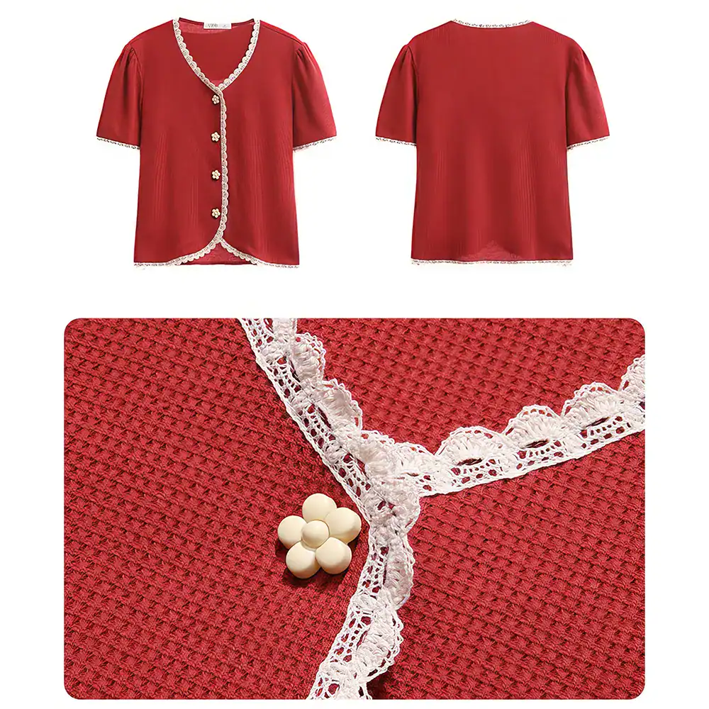 A stylish red blouse featuring intricate embroidery and white lace trim, perfect for formal occasions or office wear, available at Monalisa Store.