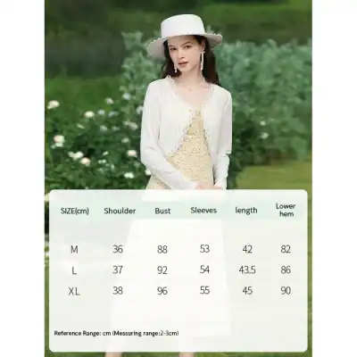 Charming woman in floral dress with accessories, showcasing stylish summer fashion, perfect for outdoor events, with a size chart for the best fit.