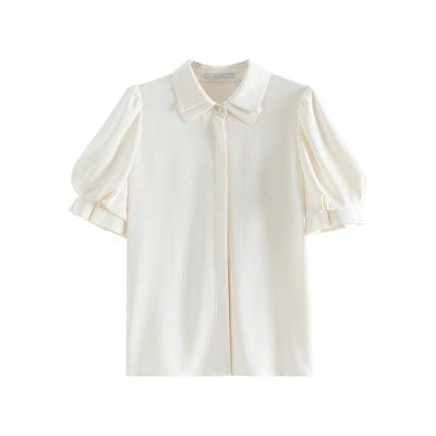 Cream-colored women's blouse with puff sleeves, classic collar, and front button closure, perfect for stylish office wear or casual outings.