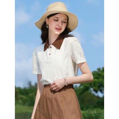Elegant summer outfit with lace top, brown skirt, and wide-brimmed hat, perfect for sunny days and outdoor activities.