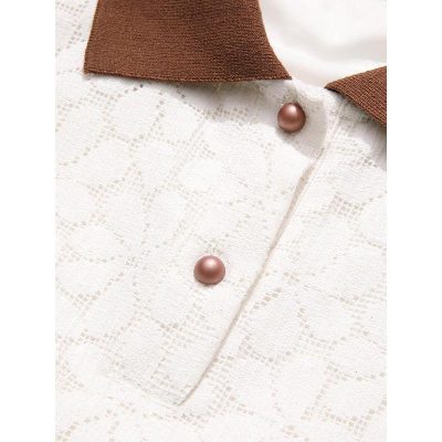Close-up of elegant white lace dress with brown collar and pearl buttons, ideal for sophisticated events and fashion, showcasing stylish and timeless design.