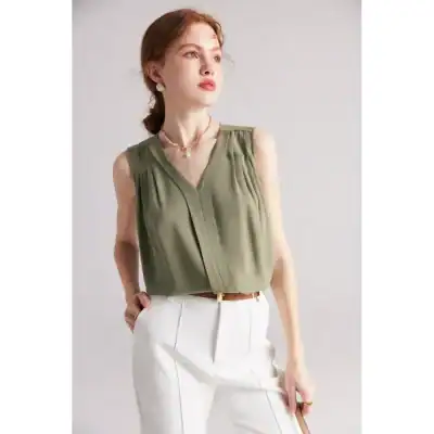 High-quality olive green sleeveless blouse perfect for modern women, suitable for office or casual wear, featuring stylish pleats and a V-neck design.