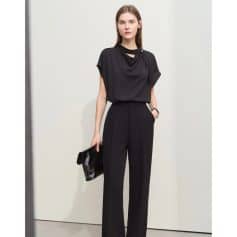 Elegant black women's business attire with tailored trousers and stylish top, perfect for professional settings and fashion-forward workplaces.