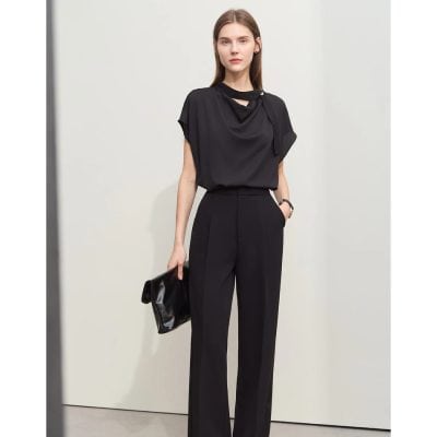 Elegant black women's business attire with tailored trousers and stylish top, perfect for professional settings and fashion-forward workplaces.