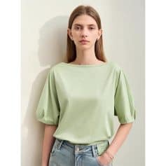 High-quality green women's blouse with puffed sleeves, perfect for casual or formal wear, available at Monalisa Medical.