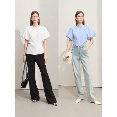 Stylish women's blouses in white and blue paired with tailored black and light denim pants for chic, professional, or casual looks. Perfect for modern fashion enthusiasts.