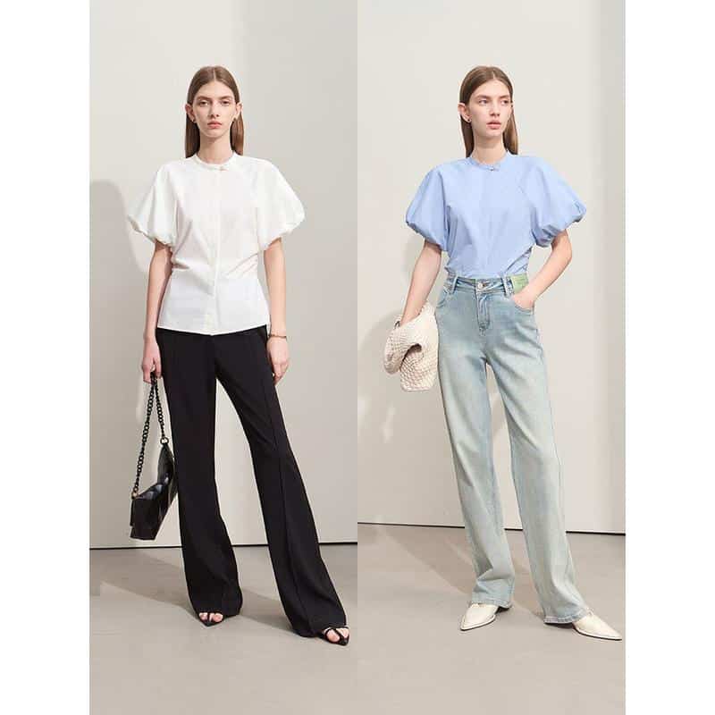 Stylish women's blouses in white and blue paired with tailored black and light denim pants for chic, professional, or casual looks. Perfect for modern fashion enthusiasts.