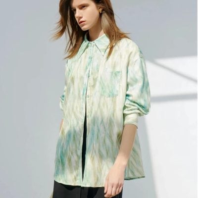 Stylish pastel tie-dye women's blouse with button-down front, long sleeves, and comfortable fit, perfect for modern medical professionals and fashion-conscious women.
