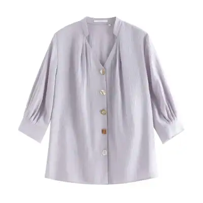 Lightweight white linen blouse with button-down front, three-quarter puff sleeves, and a relaxed fit, perfect for stylish office wear or casual outings.