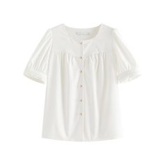 Image of a sophisticated white blouse with button-down front, short puff sleeves, made from lightweight fabric, ideal for stylish women's office or casual outfits.