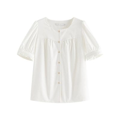Image of a sophisticated white blouse with button-down front, short puff sleeves, made from lightweight fabric, ideal for stylish women's office or casual outfits.