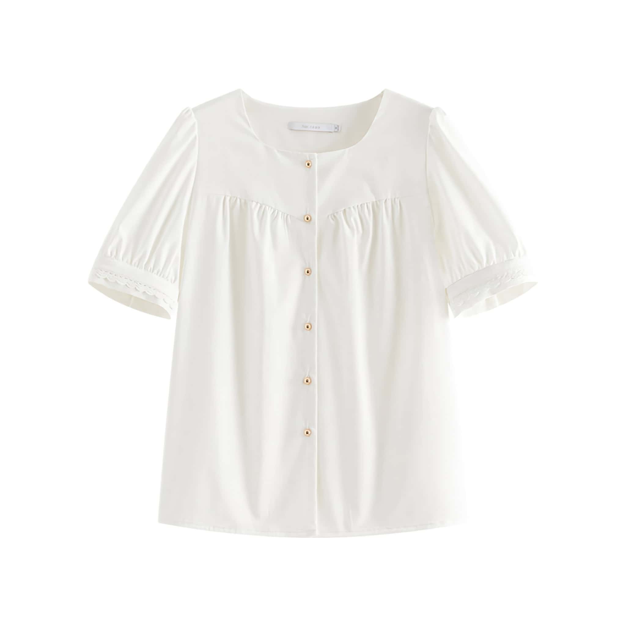 Image of a sophisticated white blouse with button-down front, short puff sleeves, made from lightweight fabric, ideal for stylish women's office or casual outfits.